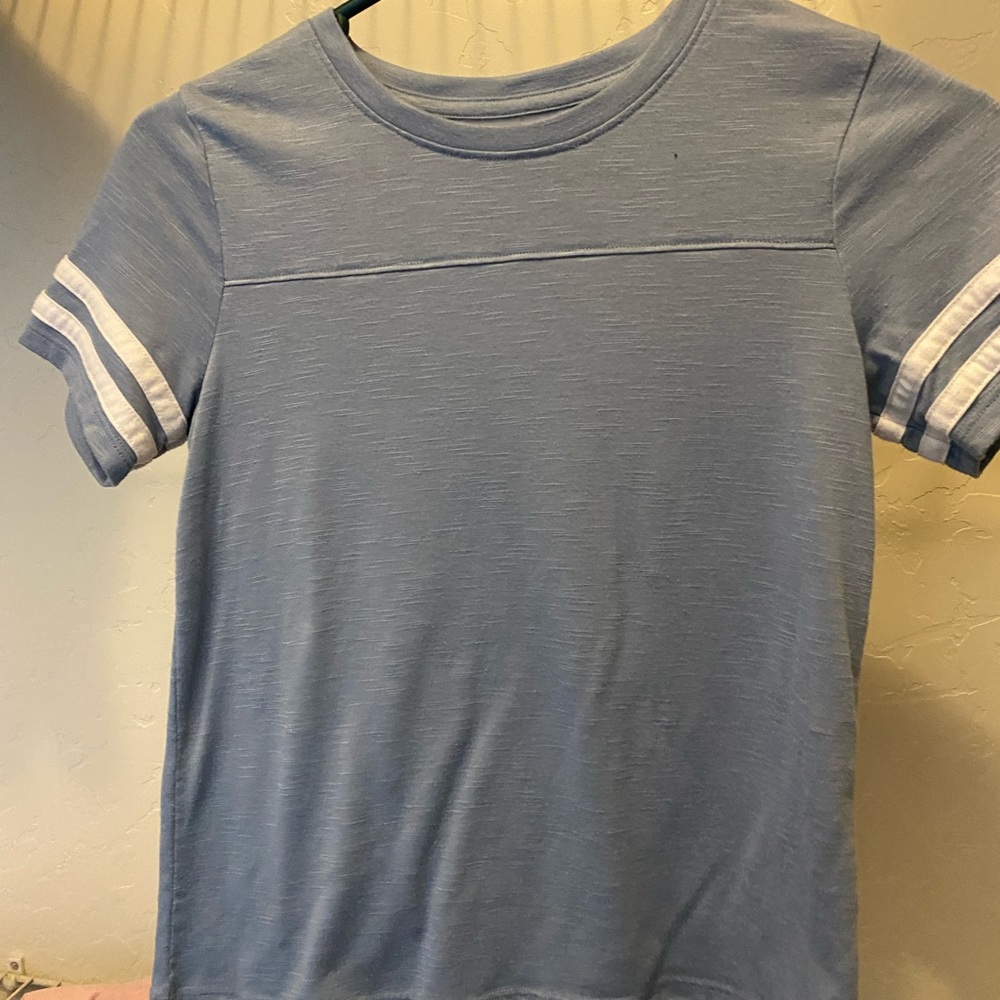 Blue T-Shirt white stripes around shoulder. Size Kids L (10/12) Brand So